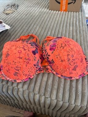 Cacique Neon Orange Floral Front Closure Lace Push-Up Bra